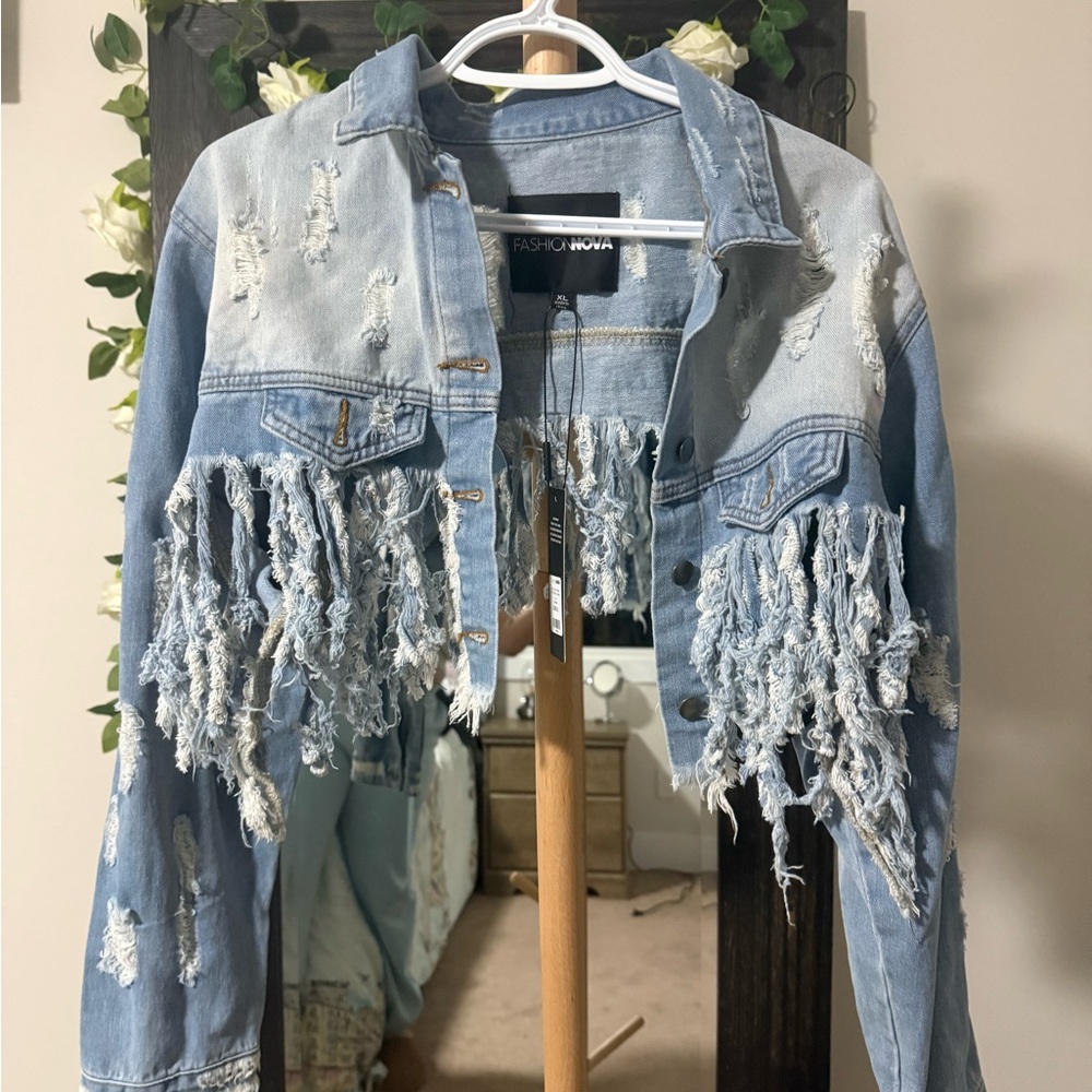Fashion Nova Frayed Light Blue Denim Jacket